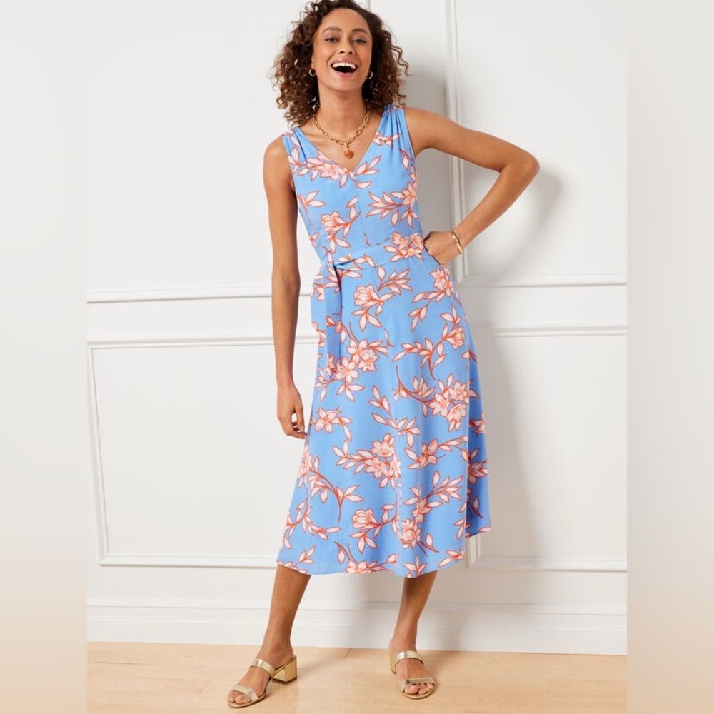 NWT Talbots Fit & Flare Blue Orange Flowing Hibiscus Midi Dress Sz 14P